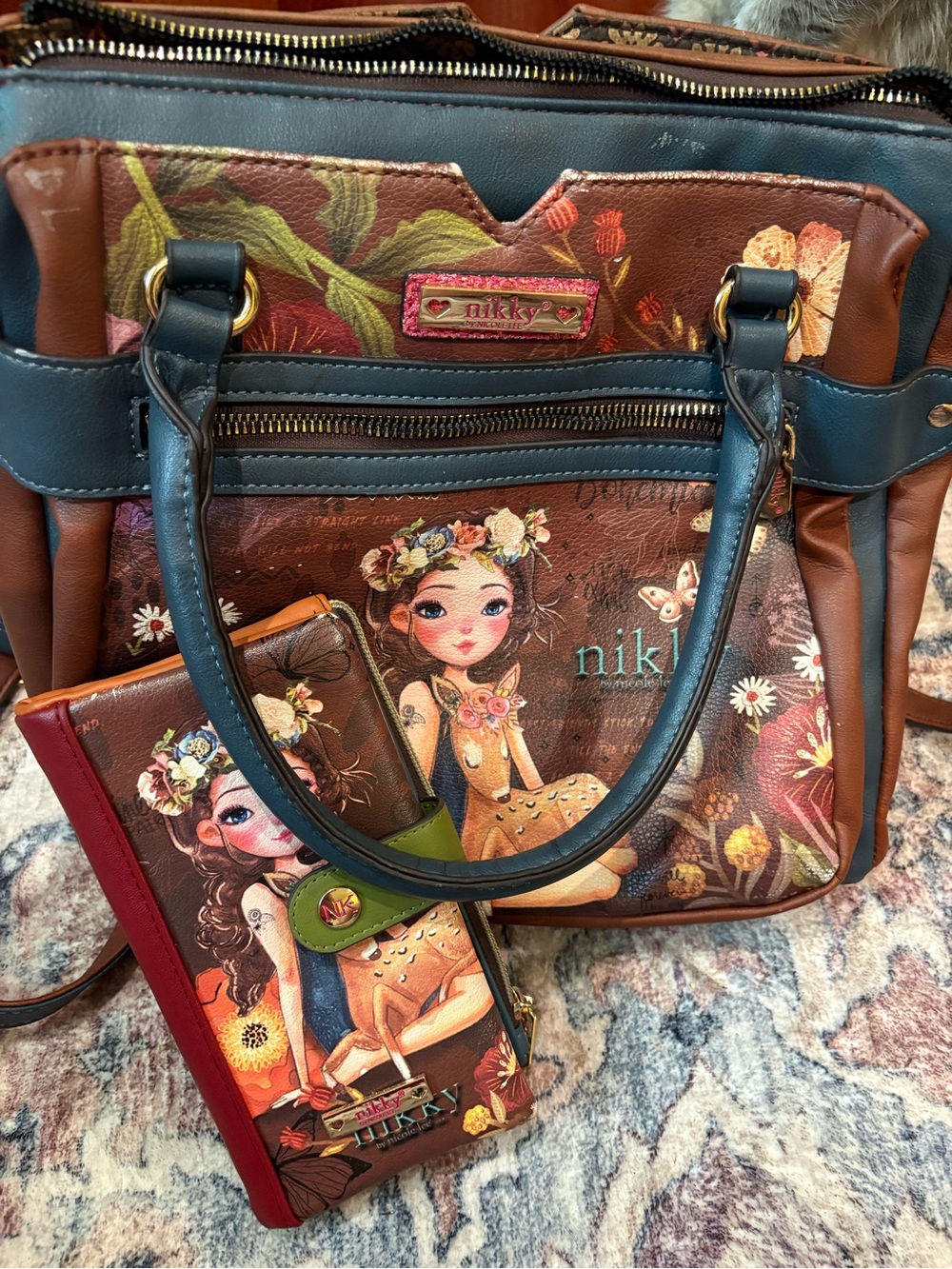 Nikki Floral Brown & Blue Illustration Shoulder Tote